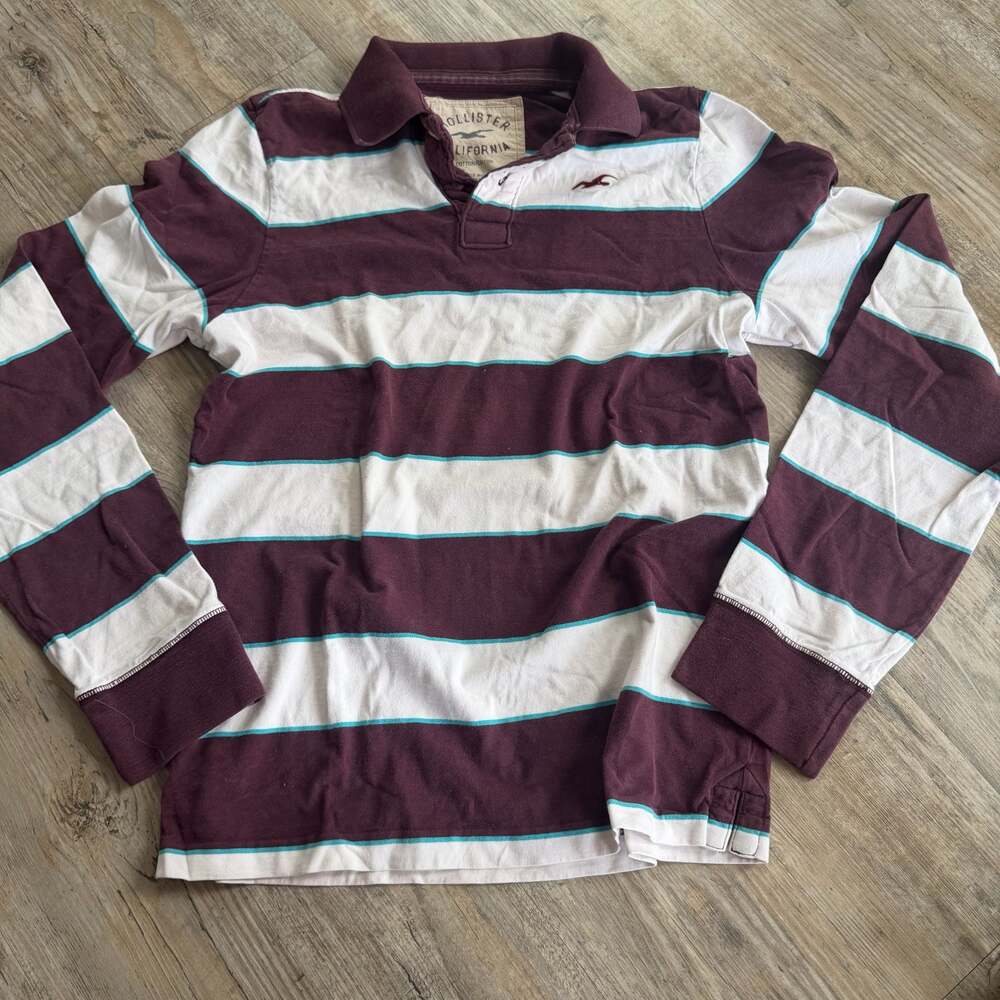 Hollister California Long Sleeve Rugby Shirt Maroon White Striped Size L